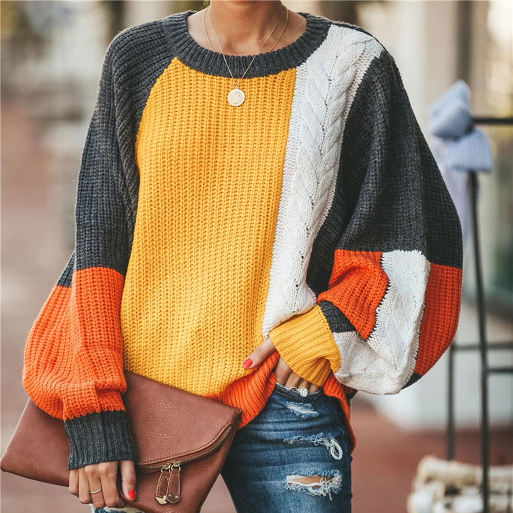 Fashion Women Contrast Color Patchwork Sweaters Autumn Casual Long Lantern Sleeve Knitted Pullovers Streetwear Loose Jumpers | Женская
