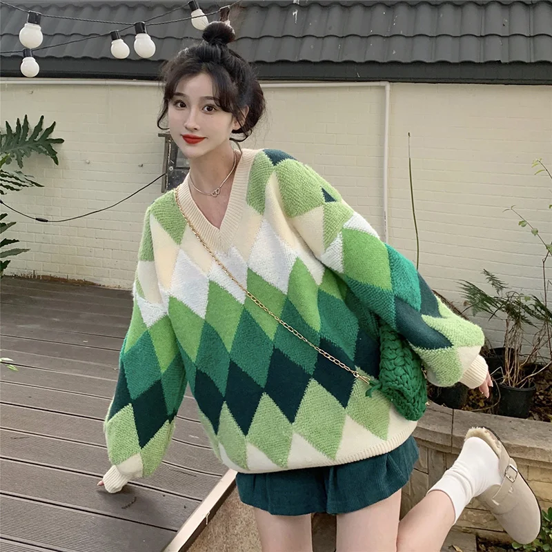 

Женский винтажный пуловер в клетку, свободный Трикотажный Свитер оверсайз с V-образным вырезом, уличная одежда, осень-зима 2022