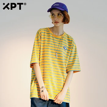 

XPT national tide striped t-shirt men's summer Hong Kong style trend printing loose oversize half-sleeved couples compassionate