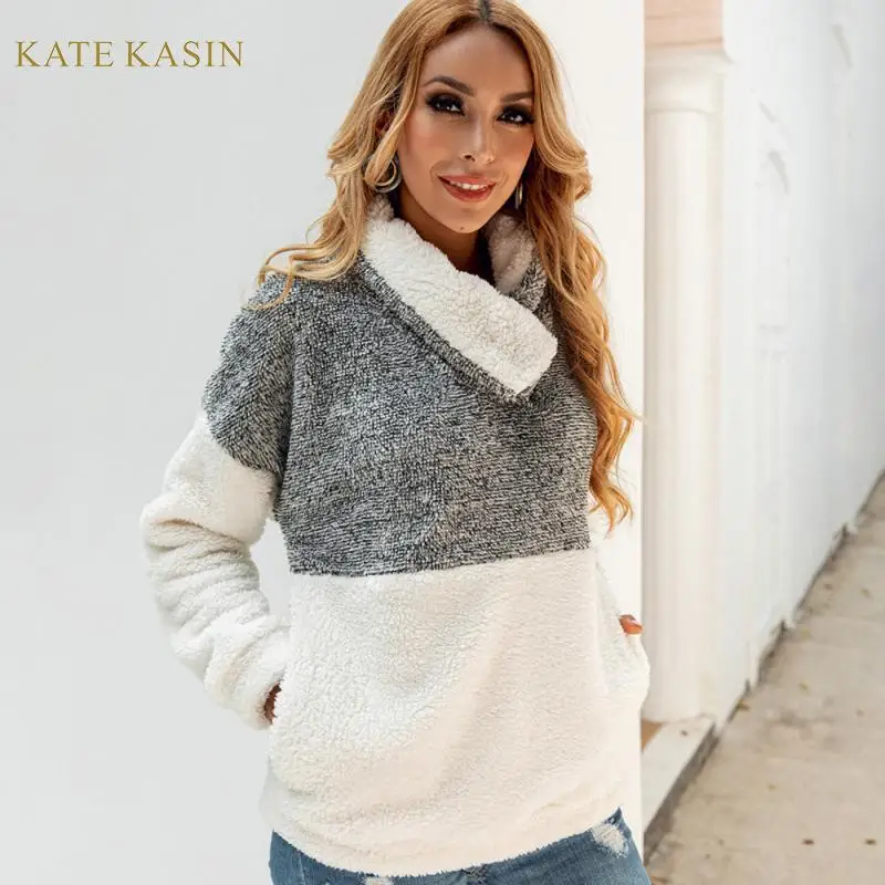 Kate Kasin/осенне-зимний Пушистый Плюшевый пуловер с длинным рукавом для женщин, Повседневный свитер с карманом, пуловер с ягненком