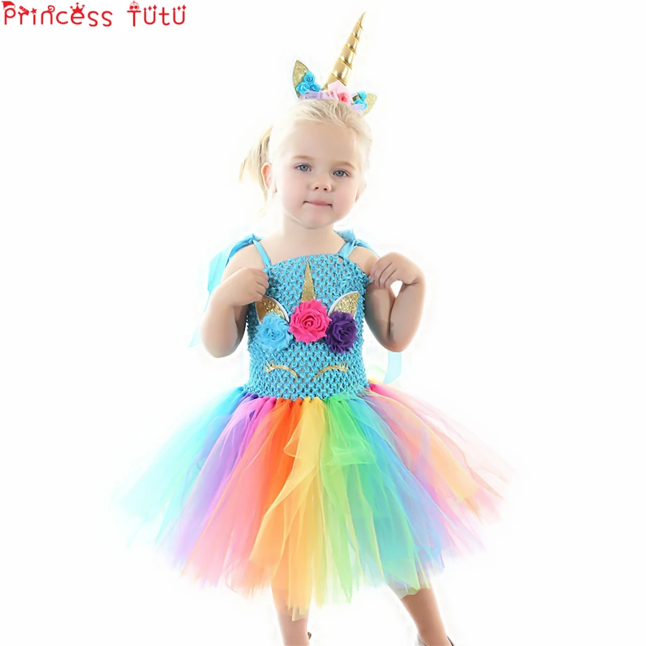 

Unicorn Party Fluffy Princess Costume Dress Children's Holiday Costumes Girls Flowers Mesh Dress Toddler Girl Birthday Dress