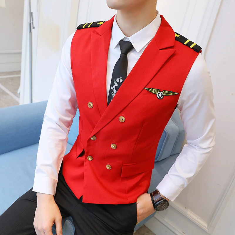 Новое платье жилеты для мужчин Epaulet Air Less Жилет двубортный Рабочая форма костюмы с жилетом Повседневная приталенная жилетка Homme 5XL - Цвет: red