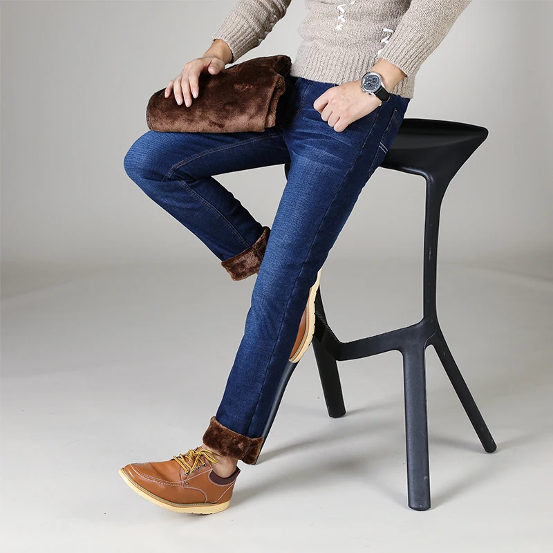 Winter Men's Warm Jeans Classic Style Thicken Denim Elastic Slim Fit Black Jean Pants Male Brand Casual Business Blue Trousers