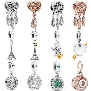 

Rose Openwork Heart & Three Feathers Dreamcatcher Eiffel Tower Pendant Bead 925 Sterling Silver Charm Fit Bracelet Diy Jewelry