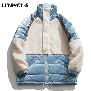 

LINDSEY SEADER Mens High Neck Warm Parkas Jacket Patchwork Fleece Zipper Pocket Coat Winter Warm Wool Zip-Up Cotton Outwear