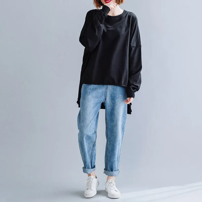 DIMANAF Autumn Winter Plus Size Women T-Shirt Basic Tunic Tops Shirts Cotton Long Sleeve Loose Casual Female Clothes Solid Black