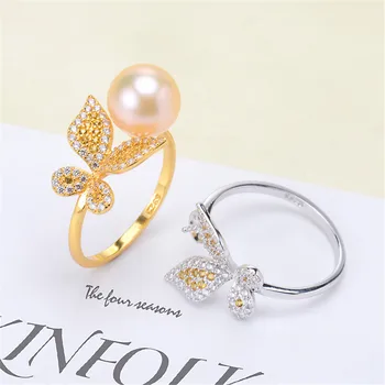 

Real 925 Sterling Silver Women Wedding Engagement Ring Adjustable Simple Round Pearl Ring Mounting