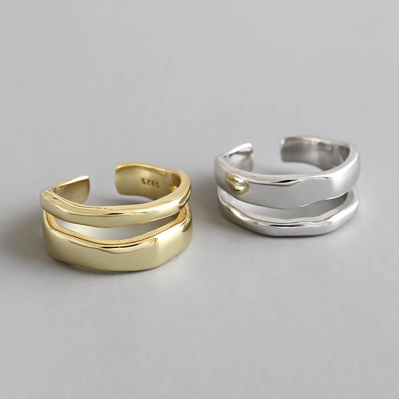 

925 Sterling Silver Rings for Women Double Layers Irregular Adjustable Finger Ring Wedding Band Cocktail Best Friend Jewelry