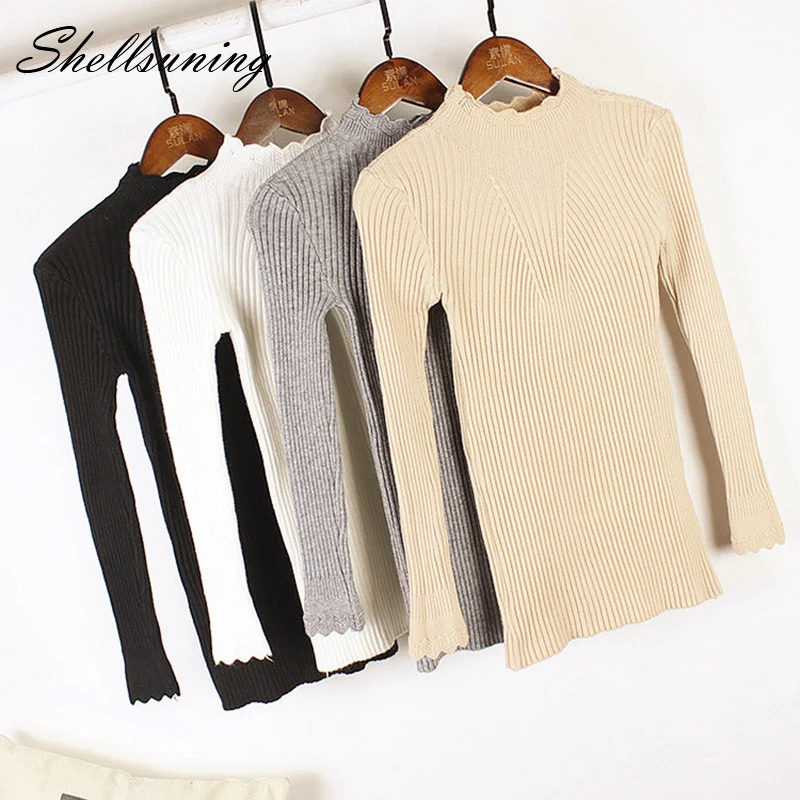 Shellsuning Solid Color Wave Cuff Neckline 2019 Fall Winter Fashion Sweater Women Slim Tight Sexy Knitted Pullovers White Black | Женская