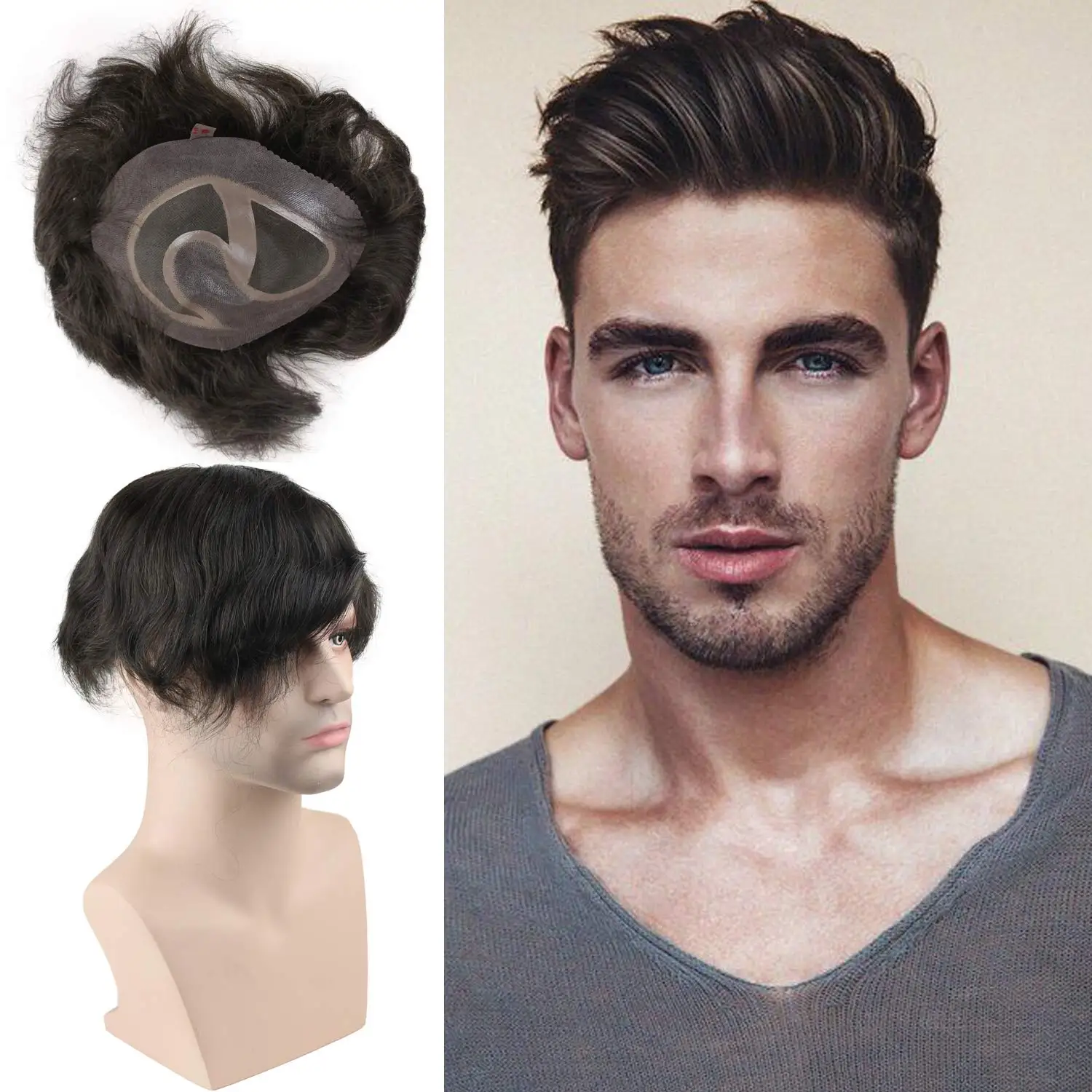 

Replacement for Men Thin Skin Toupee Mono Lace Top Men's Hair Pieces Replacement System #3 Dark Brown Color Human Hair Toupee