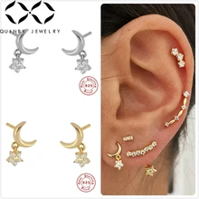Реальные 925 Серебряные серьги для Для женщин Циркон серьги-гвоздики со звёздочками, в готическом стиле, для девочек слуховая косточка Пирсинг Серьга женский Луна aretes Q5