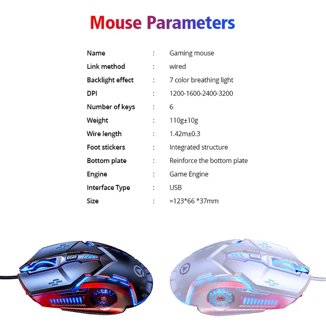 Ratón de juegos 6D de 3200DPI, Mouse silencioso LED luminoso ajustable USB para ordenador portátil, PC, mecánico, 4 de alta velocidad - Imagen 6