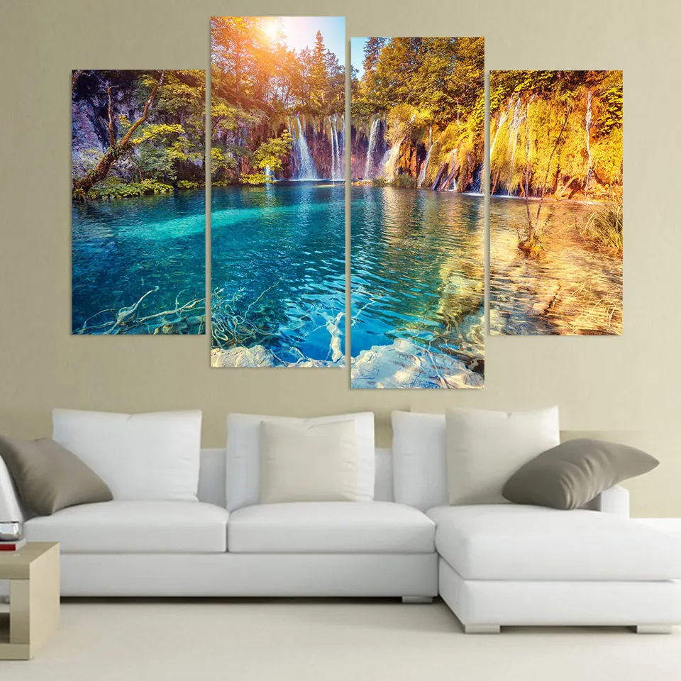 HD Print Canvas Wall Art Modular No Frame Painting Popular Poster 4 Panel Autumn Clear Pool Nature Picture For Living Room Decor (2)