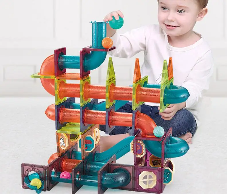 

Magnetic Balls Track Kids Building Blocks Big Size Construction Track Model Set Educational Toy With Stickers 1707111