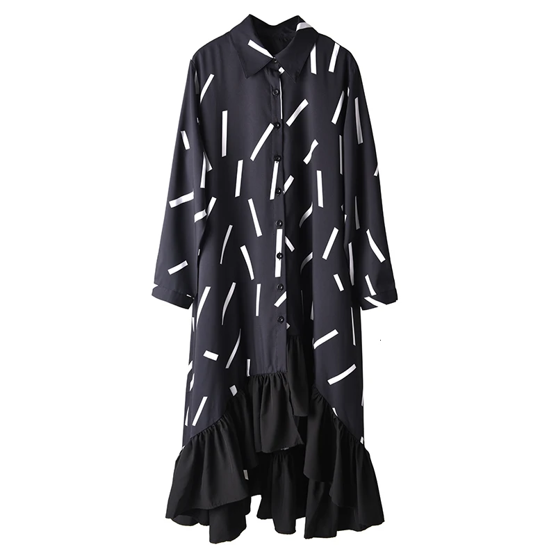 [EAM] женское ассиметричное длинное платье большого размера, новинка, с отворотом, с длинным рукавом, свободный крой, мода, весна-осень JI0420 - Цвет: (Black