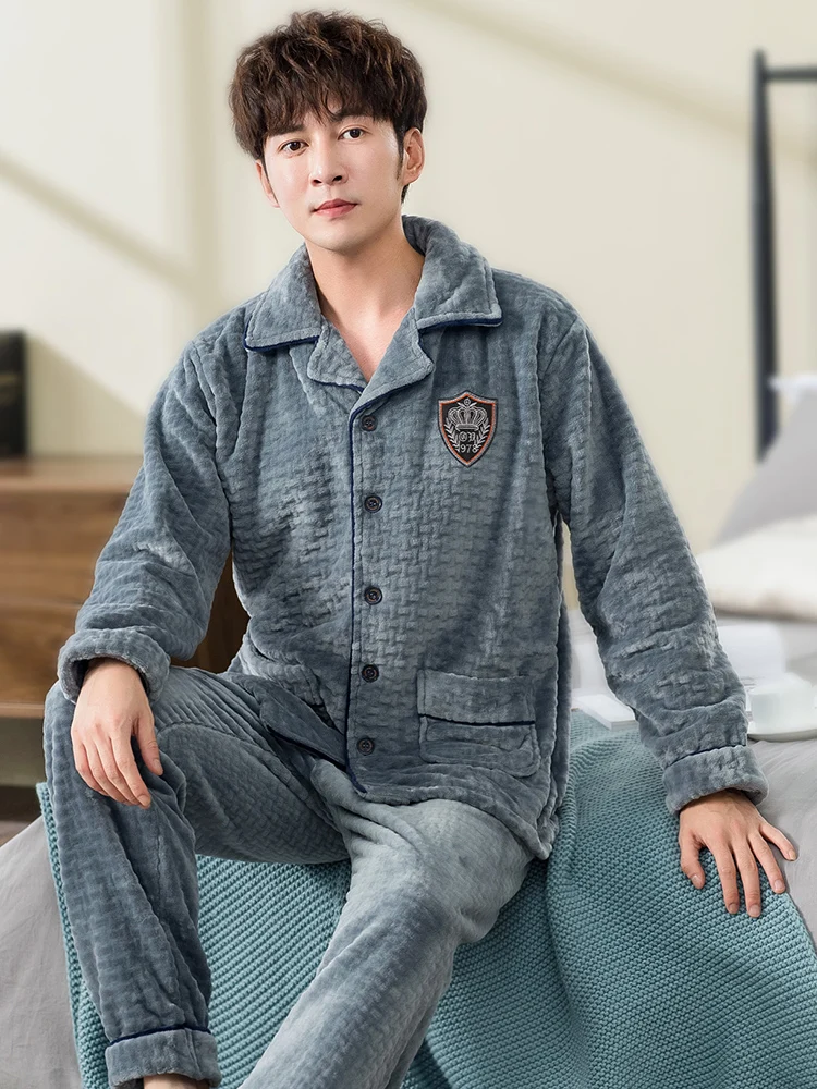 Winter Man's Coral Fleece Pajamas 2 Pieces Lounge Sleepwear for Men Pijama Bedgown 2021 Home Clothes PJ Grey Warm Thicken Pajama