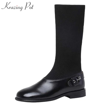 

Krazing pot genuine leather round toe low heels stretch knitting bots European design metal fasteners winter mid-calf boots L88