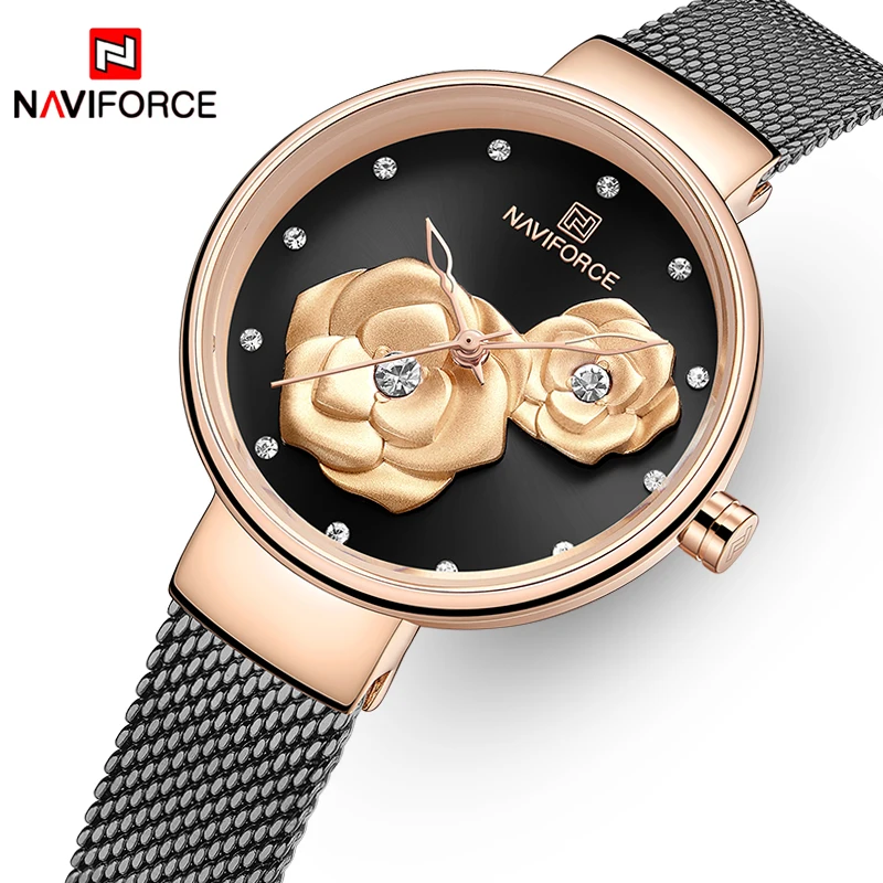 NAVIFORCE, женские часы, Лидирующий бренд, роскошное платье, женские часы, розовое золото, цветок, девушка, часы, водонепроницаемые, сталь, сетка, Relogios Feminino