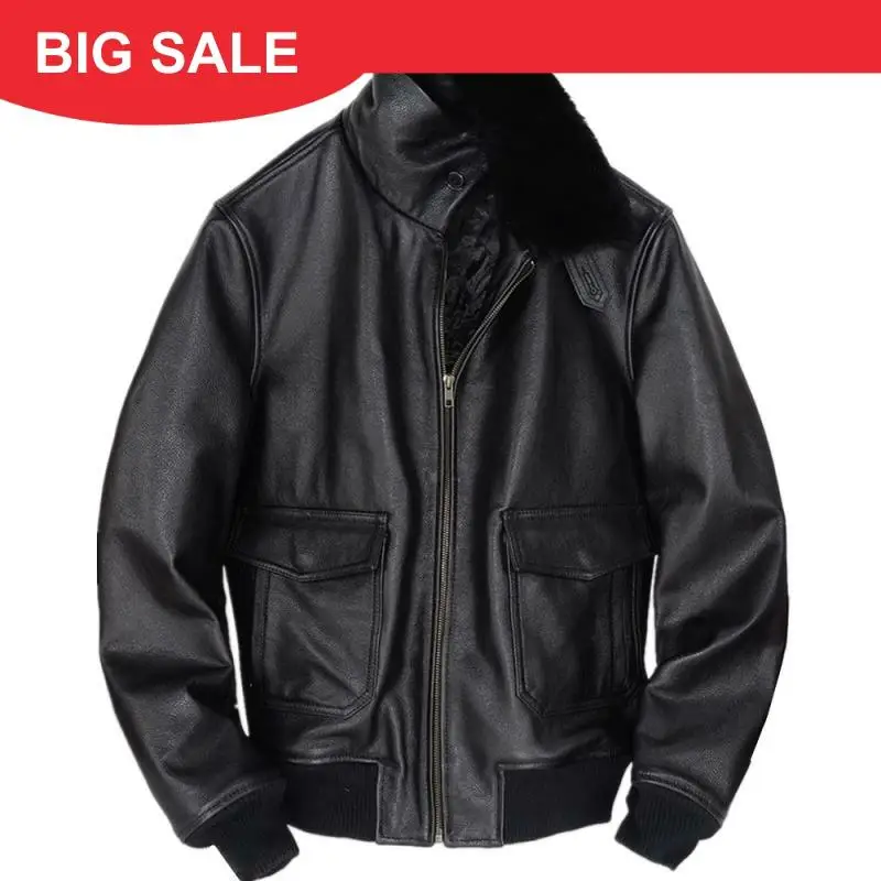 

2020 Black Men Military Style G1 Pilot Leather Jacket Plus Size XXXXL Genuine Cowhide Russian Winter Aviator Leather Coat