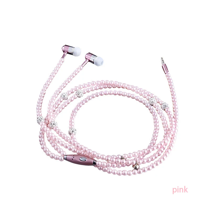 Ожерелье из разноцветного жемчуга наушники с микрофоном наушники для Iphone Android красивый подарок на день рождения спортивные стерео наушники-вкладыши - Цвет: Розовый