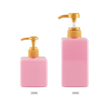 

Cosmetic package 6 unit 8oz 15oz 250ml 450ml square pink plastic shampoo Shower gel refillable bottle with gold plastic pump cap