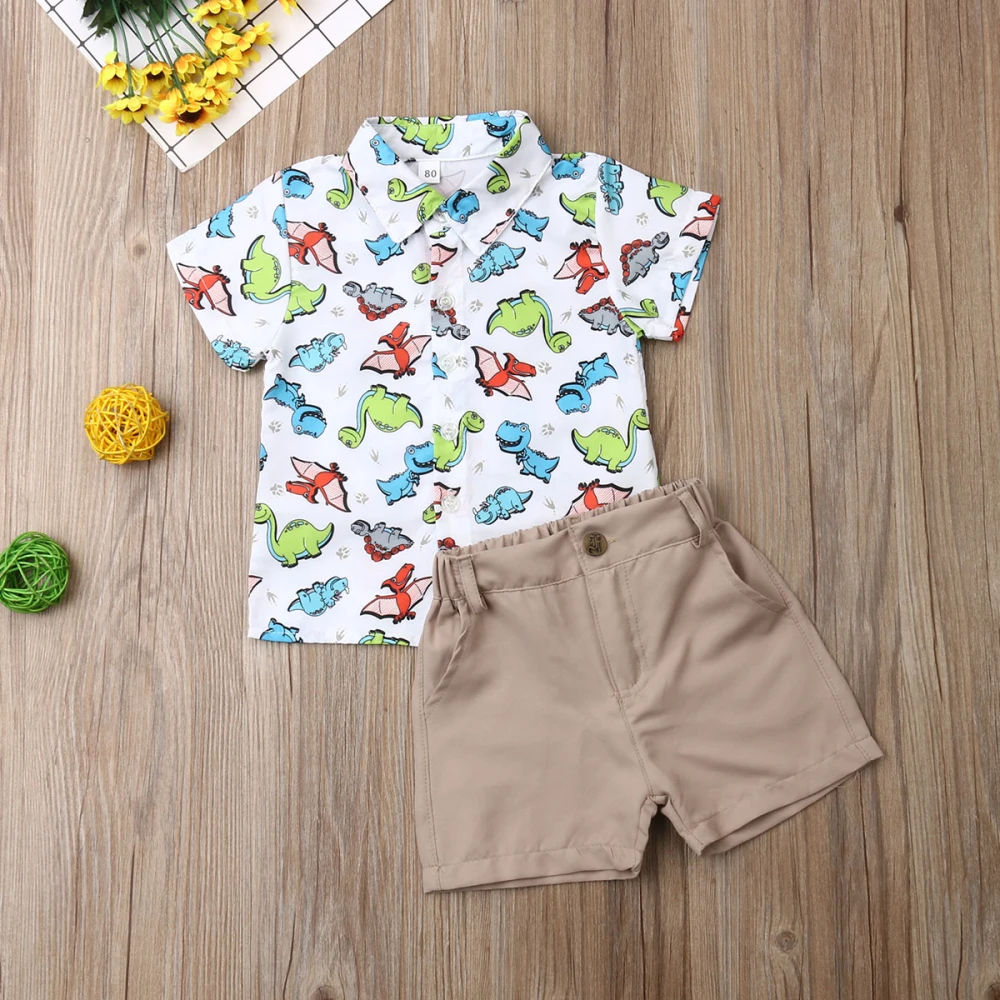 Летняя одежда для малышей одежда джентльмена для маленьких мальчиков яркая рубашка с динозаврами Топ и шортики официальный костюм От 1 до 6 лет