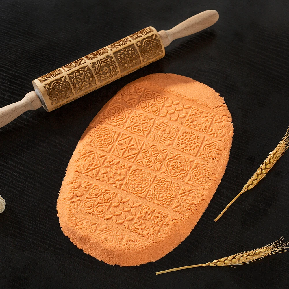 Pottery. Embossed cookies Rolling pin MOOSE Wooden embossing rolling pin with MOOSE pattern
