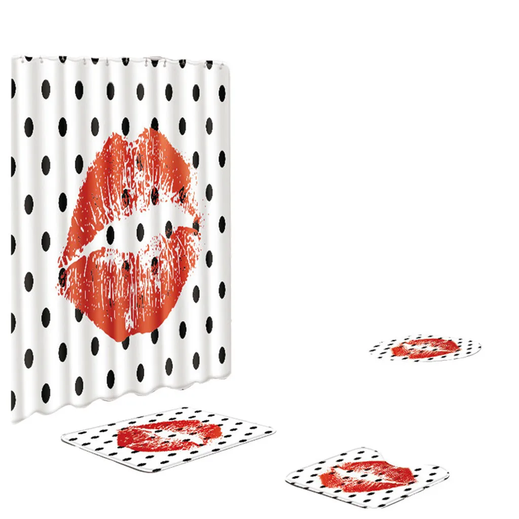 

4 Pcs Lip Pattern Non Slip Toilet Polyester Cover Mat Set Bathroom Accessories Shower Curtain Set Bath Rug Mat Set