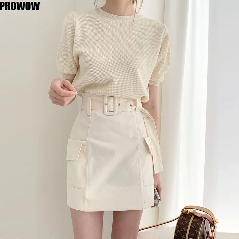 

2020 Summer Short Sleeve O-Neck Pullovers Women Bubble Sleeves Korean Knitted Solid Elegant Fashion Ladies T-Shirts Tops