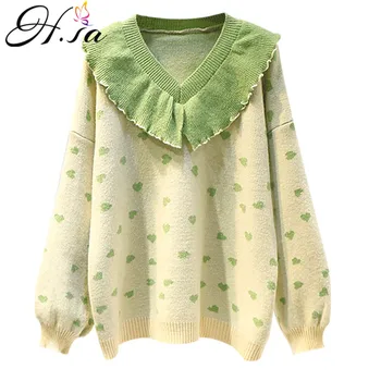 

H.SA Winter Knit Sweaters V neck Ruffles Pull Jumpers V neck Loose Chic clothing christmas sweater Polka Dots winter sweater