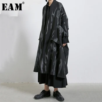 

[EAM] Women Black Big Pocket Print Big SizeTrench New V-collar Long Sleeve Loose Fit Windbreaker Fashion Tide Spring 2020 1R283