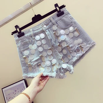 

Spring Summer New Hand-studded Beaded Sequined Chain Ripped Denim Shorts Women's Wild Fur Trim Wide-Leg Shorts Jean Short Mujer