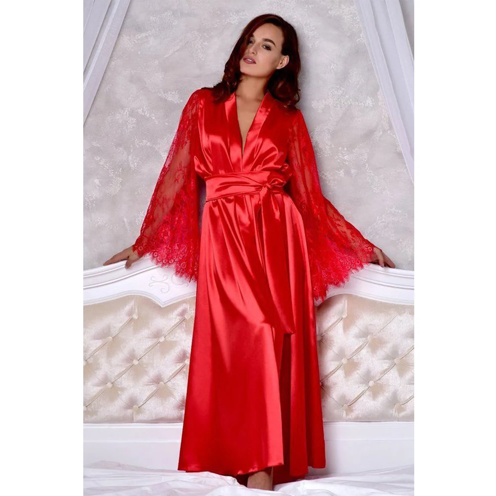 Женское кружевное ночное белье Ночная рубашка атласное шелковое ночное белье длинный рукав Бандаж с v-образным вырезом женское длинное платье для сна