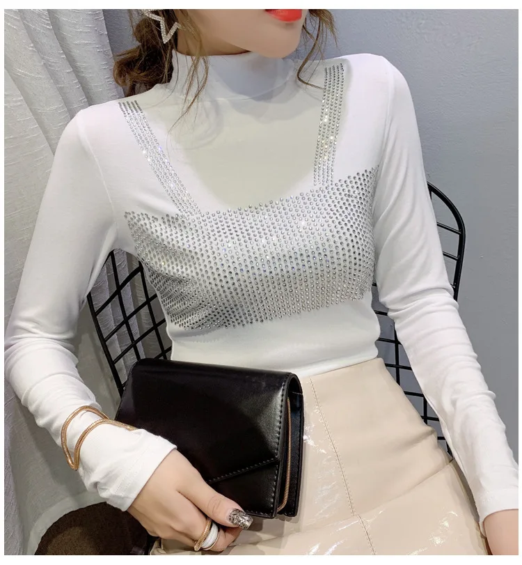 Белый черный круглый вырез длинный рукав Пуловеры Топы футболка s с бриллиантами для женщин Зимний осенний пуловер Топ футболка футболки