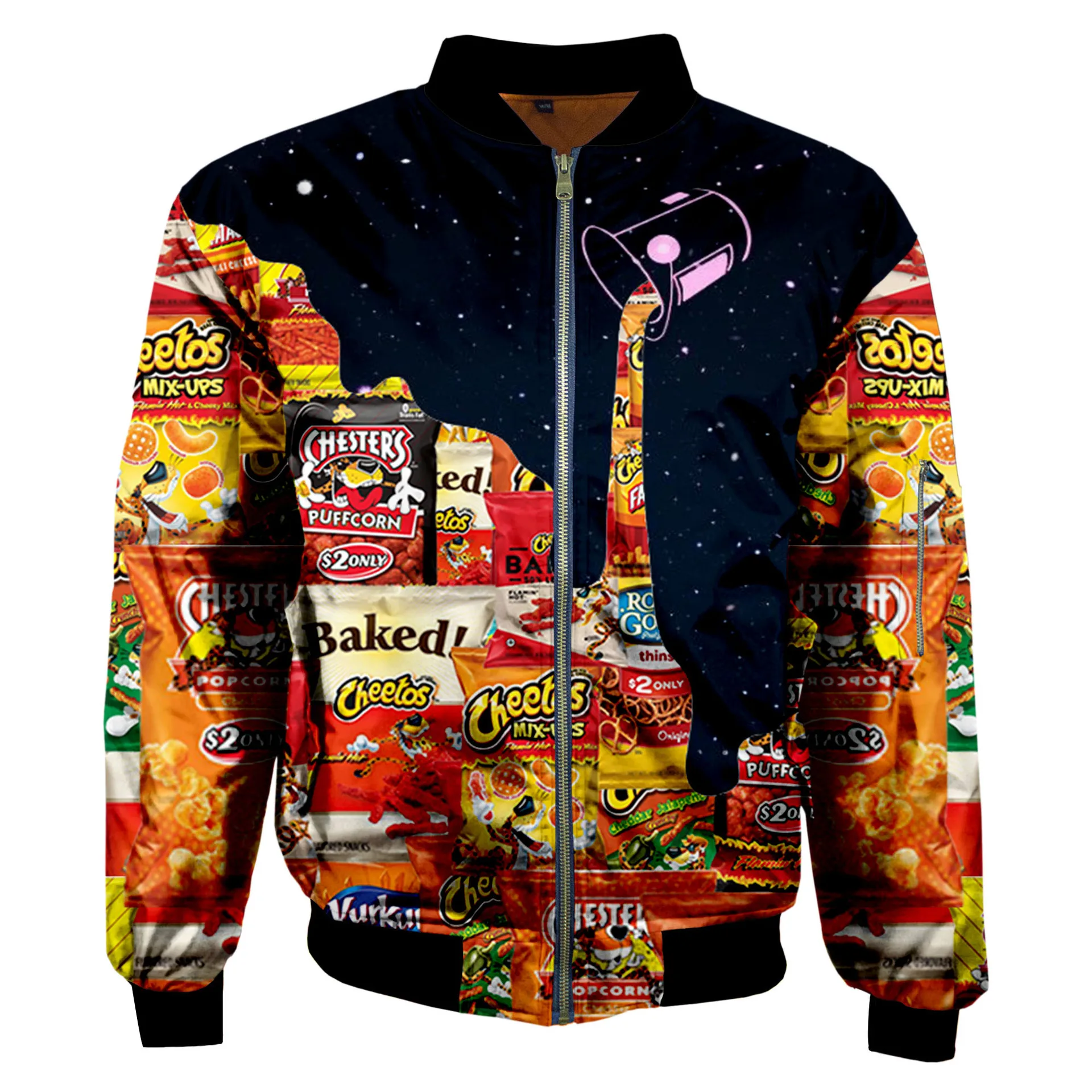 

Hot Selling 3D Stand Collar Flight Jacket Digital Printing Snacks Autumn And Winter Baseball Uniform Coat Europe And America MEN