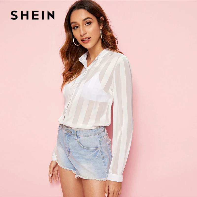 SHEIN белая пуговица спереди полосатая сплошная рубашка блузка женская весна осень длинный рукав отложной воротник повседневные топы и блузки