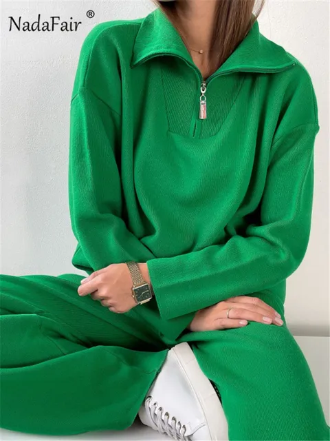 Nadafair ירוק נשים Zip סוודרים בתוספת גודל V צוואר ארוך שרוול מזדמן גדול המוצק סוודרי Jumper סרוג חורף צמרות 2021 1