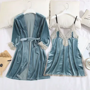 

Gold Velvet 2 Pcs Robe For Women Sexy Lace Gown Set Thicken Suit Sleepwear Large Size Loose Nightwear V-neck Bathrobe Nightdress