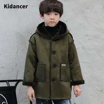 

Children's Winter Hooded Long Coat Soft Cotton Fleeced Lining Suede Jackets Thicken Warm Leather Coat Army Green Parkas For Boy