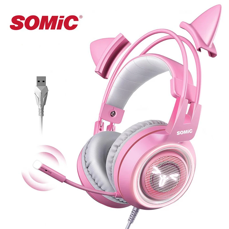Somic G951 USB Gaming Headphone 7.1 Surround Sound Wired Over-Ear Headset Cat Ear Earphones for PC Gamer with Microphone