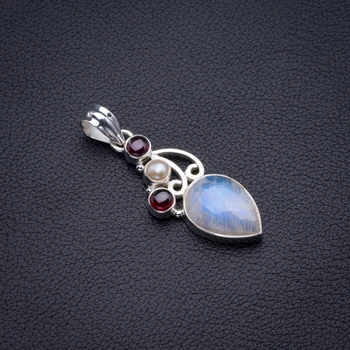 

Natural Rainbow Moonstone,Amethyst And River Pearl Handmade 925 Sterling Silver Pendant 2" D2918