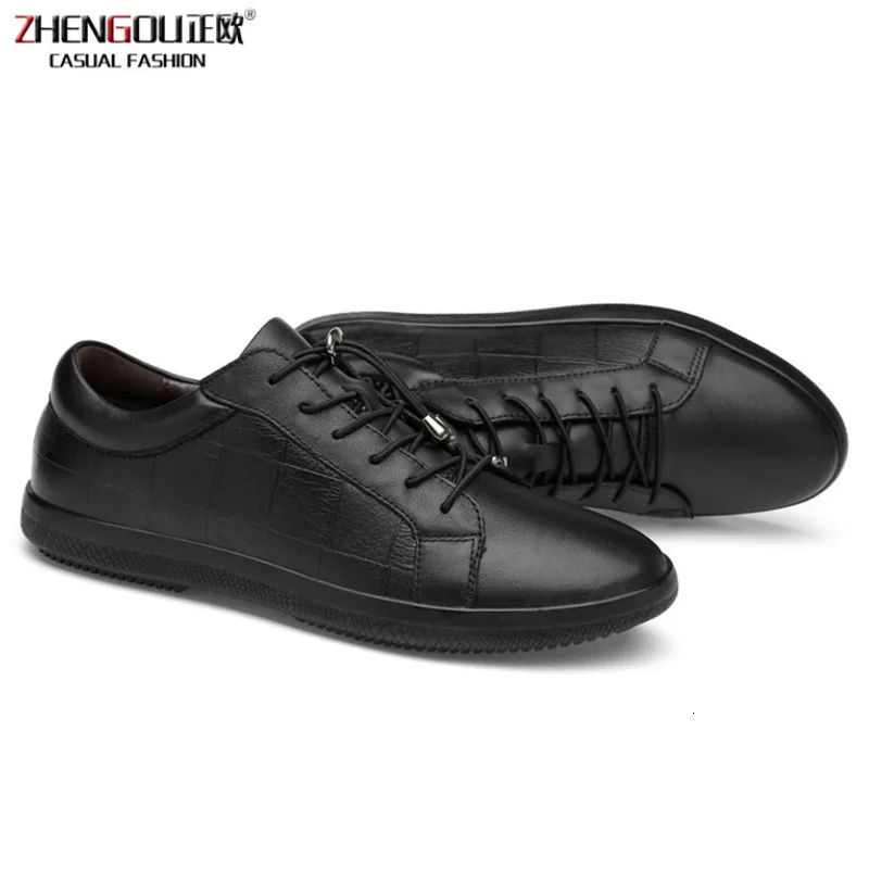 

zhengou Brand Men Genuine Leather Lace-up Breathable Soft Autumn Casual Flats sports Shoes Simple Black Style Fashion Sneakers loafers