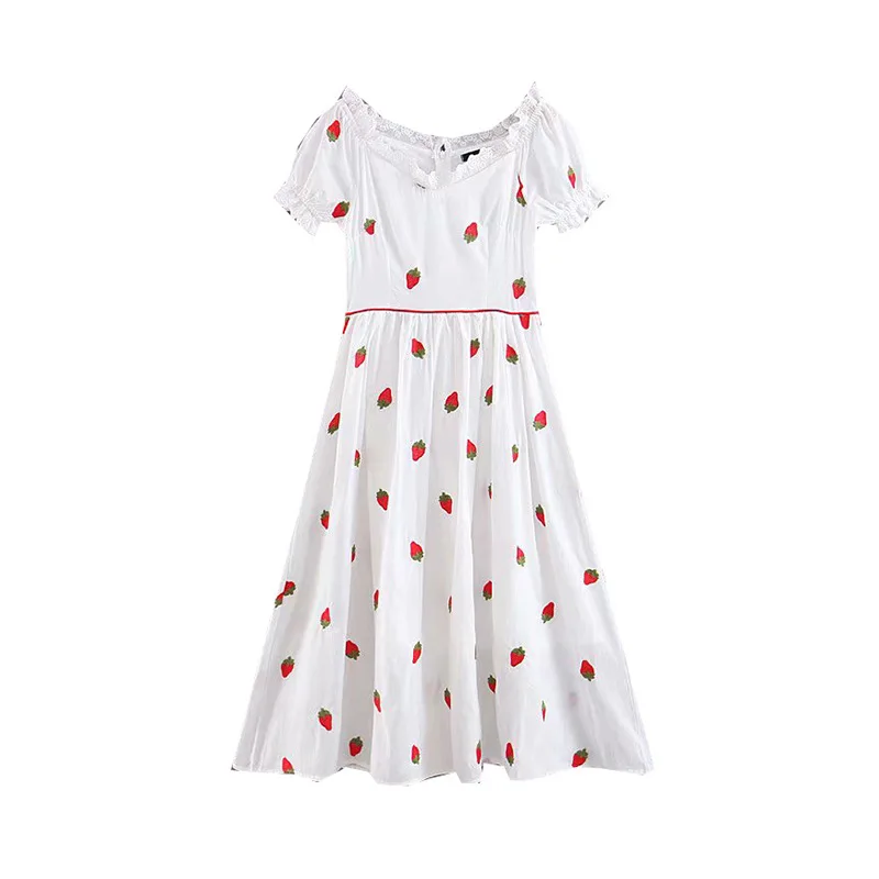 

Retro Literature And Art MORI Series GIRL'S Students Sweet Fairy Short-height Immortal Strawberry Printed White Embroided Dress