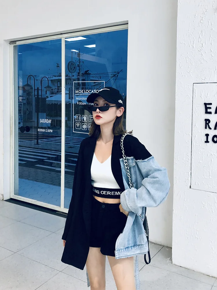 European station autumn new fight denim tie rope suit female loose long section casual coat net red temperament
