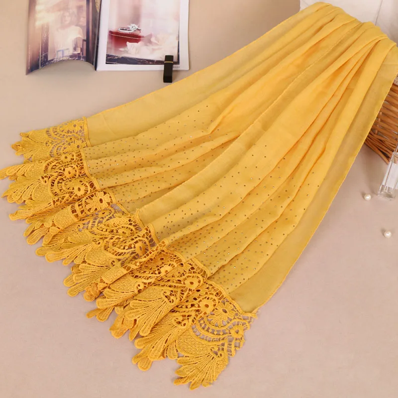 Laven Lace Floral Cotton Hijab Scarf Women Luxury Diamond Shawls Scarves Solid Color Muslim Long Wraps Fashion Islamic Headband |