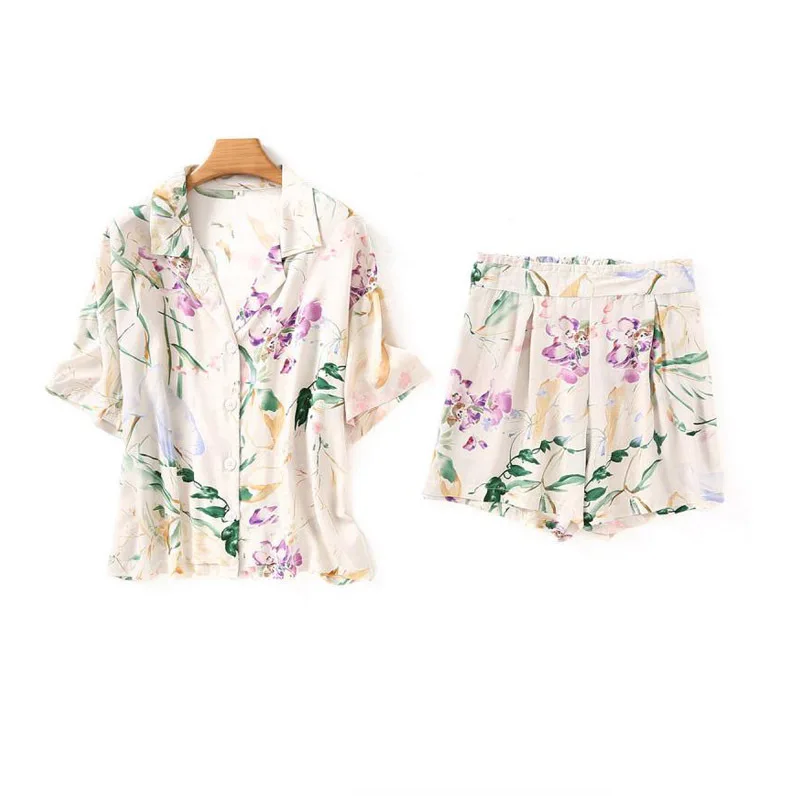 shorts suit Пижамный комплект с коротким рукавом и цветочным принтом, длинные штаны и короткие штаны, одежда для сна, домашняя одежда для женщин, атласный воротник с отложным воротником, 2 шт - Цвет: shorts suit
