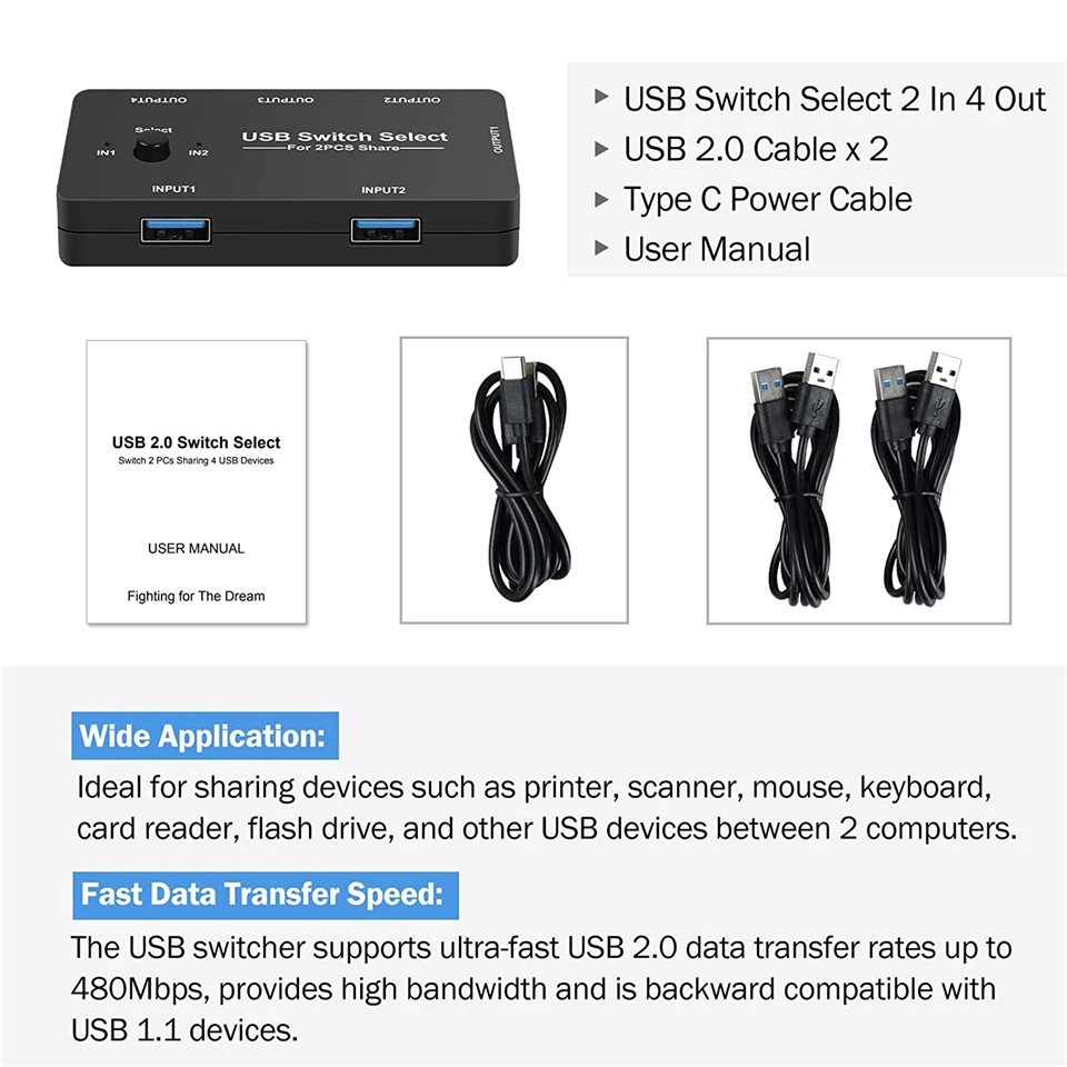 USB KVM Switch USB 2.0 Switcher KVM Switch for Windows10 PC Keyboard Mouse Print