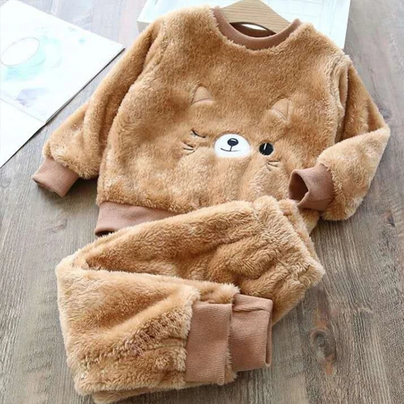 Autumn Winter Kid Flannel Pajamas For Children Plus Velvet Thicken Pajamas Warm Leisure Homewear Boys Set Cute Girls Clothes Set