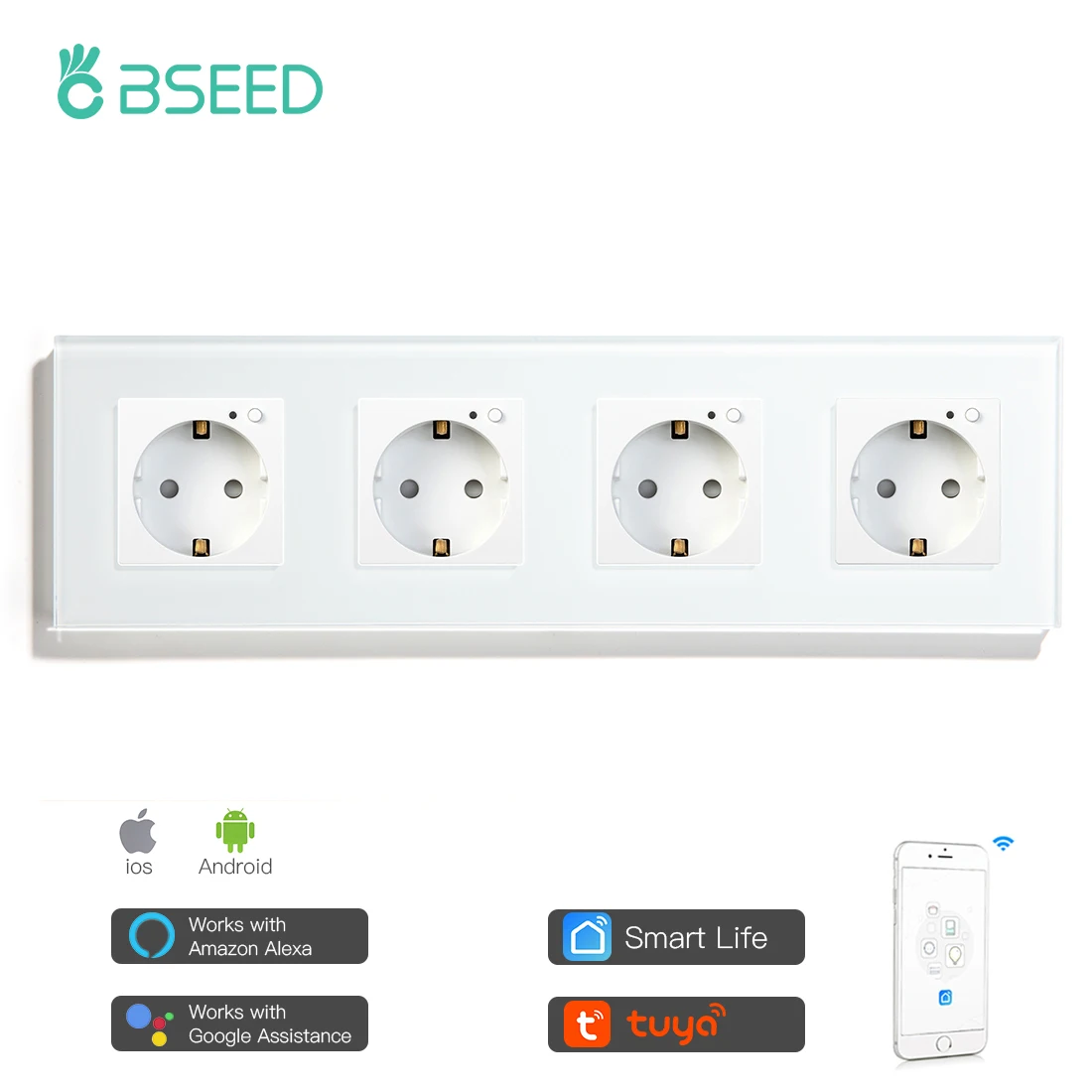 BSEED Wifi EU Standard Wall Socket 4 Gang Socket 16A 110V-250V White Black Gloden Crystal Glass Panel Support For Smart Life App