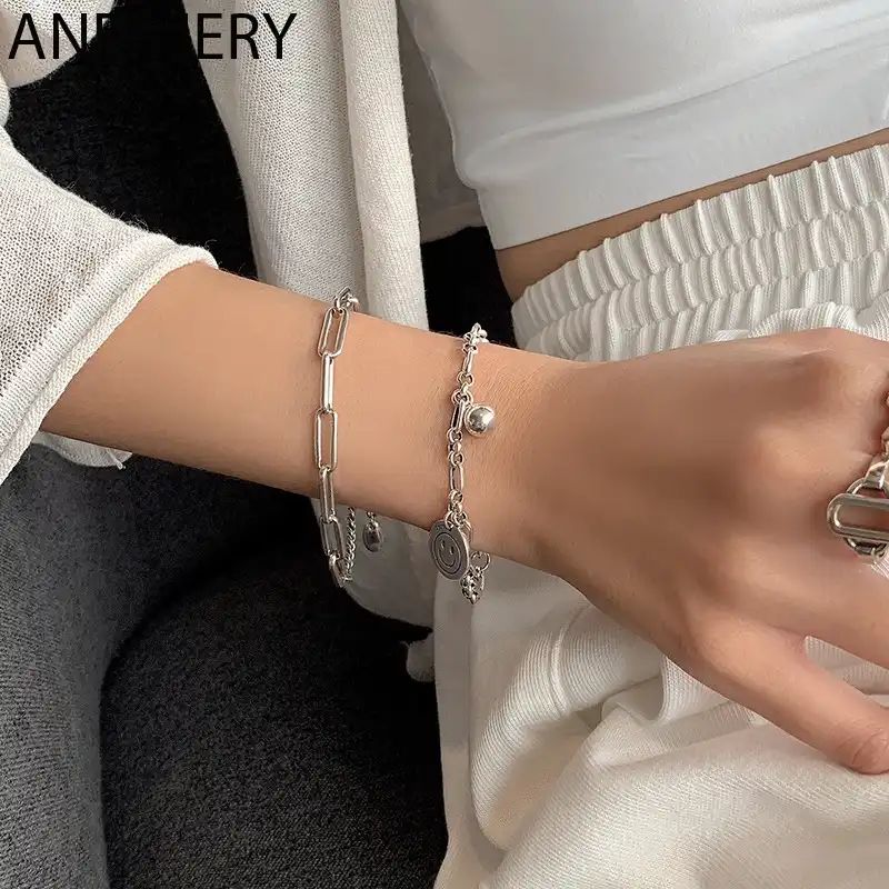 Anenjery 925スターリングシルバー幾何太いチェーンブレスレット女性ヴィンテージのヒップホップミックススタイル学生ジュエリーアクセサリー Bracelets Bangles Aliexpress